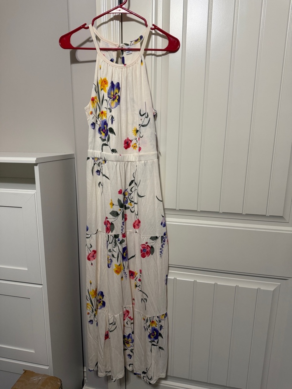 Old Navy White Floral Maxi Dress with Yellow, Purple, and Pink Flowers